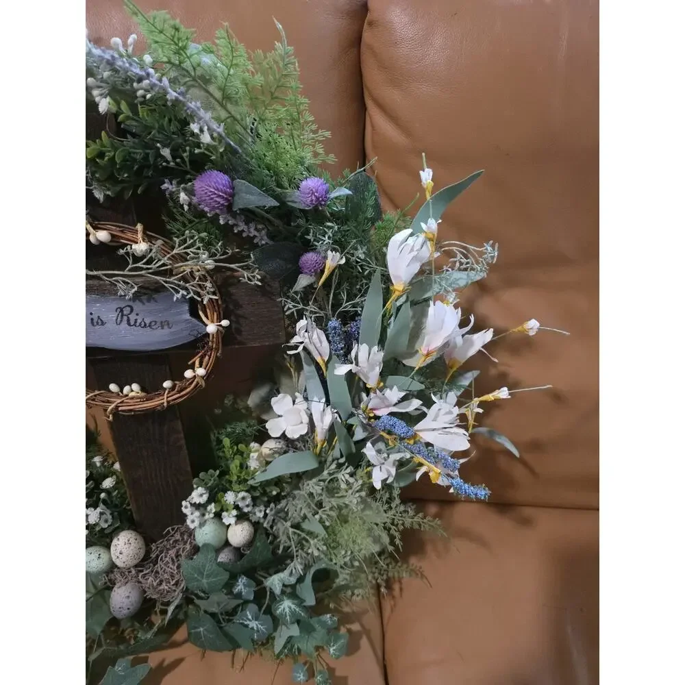Handmade Easter He Is Risen Wreath Spring Wooden Cross 21